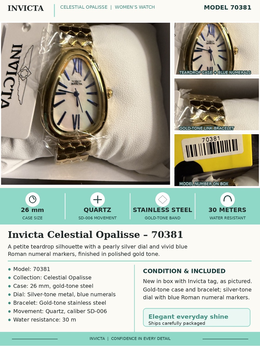 Invicta Celestial Opalisse Gold Watch 70381 Blue Roman Numerals